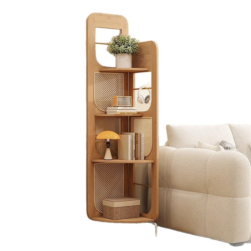 Traditional Chinese Bamboo Rattan Stainless Steel Right Angle Square Arched Storage Shelf 4-Tier For Living Room