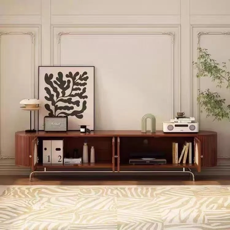 Traditional Chinese Pine Wood Rattan Stainless Steel Long Oval Arched TV Stand 4 Storage For Living Room