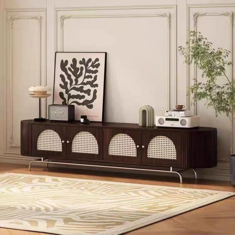 Traditional Chinese Pine Wood Rattan Stainless Steel Long Oval Arched TV Stand 4 Storage For Living Room