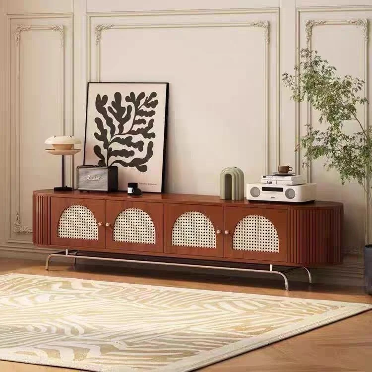 Traditional Chinese Pine Wood Rattan Stainless Steel Long Oval Arched TV Stand 4 Storage For Living Room