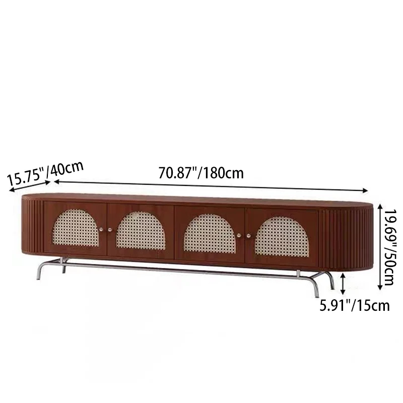 Traditional Chinese Pine Wood Rattan Stainless Steel Long Oval Arched TV Stand 4 Storage For Living Room