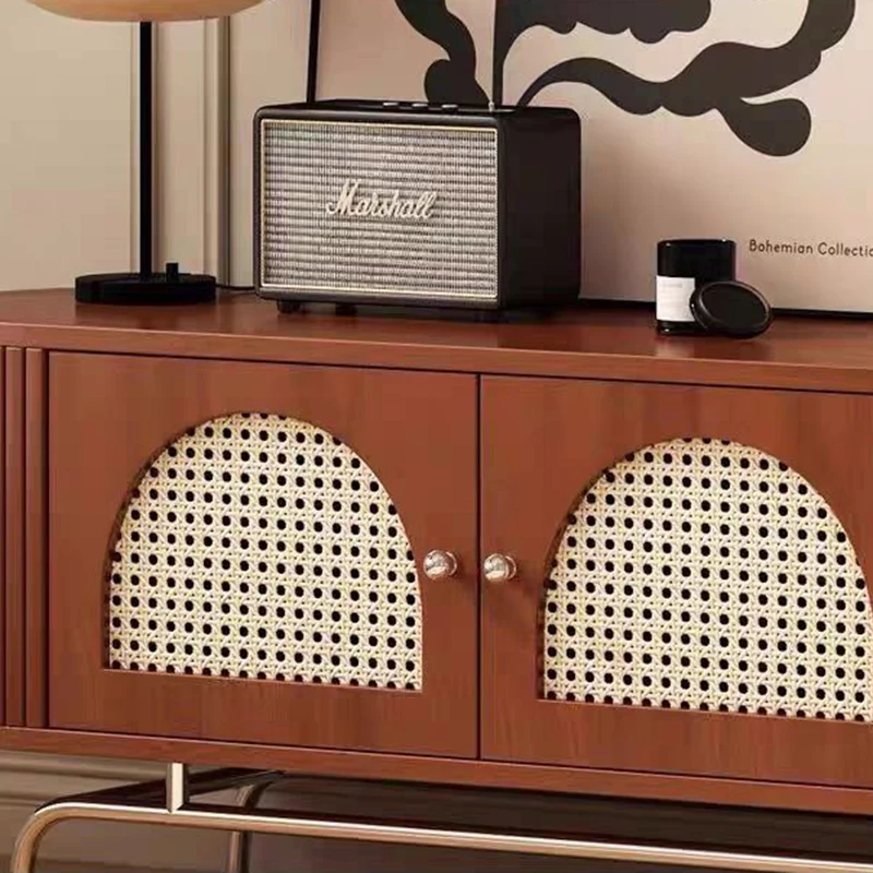Traditional Chinese Pine Wood Rattan Stainless Steel Long Oval Arched TV Stand 4 Storage For Living Room