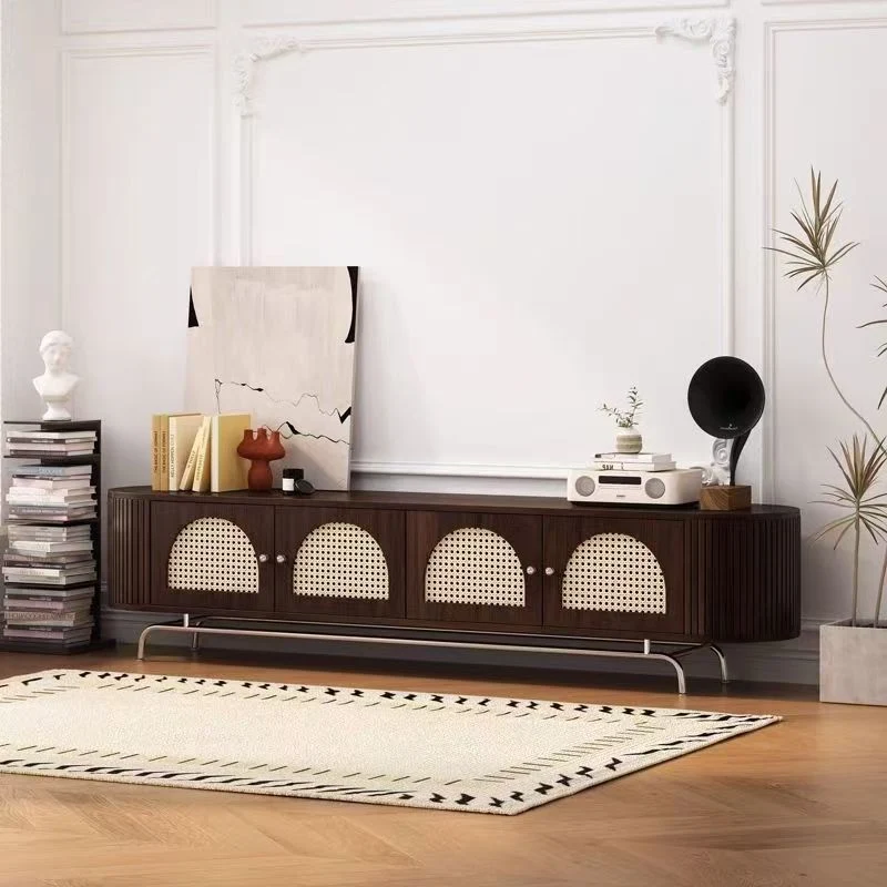 Traditional Chinese Pine Wood Rattan Stainless Steel Long Oval Arched TV Stand 4 Storage For Living Room
