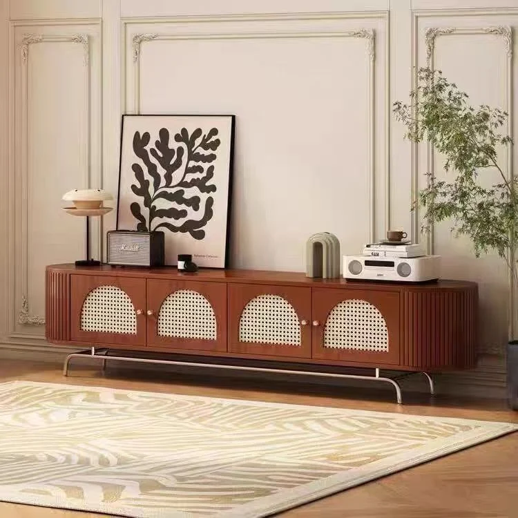 Traditional Chinese Pine Wood Rattan Stainless Steel Long Oval Arched TV Stand 4 Storage For Living Room