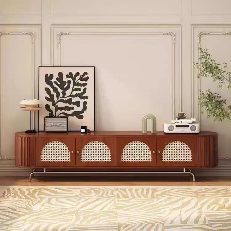 Traditional Chinese Pine Wood Rattan Stainless Steel Long Oval Arched TV Stand 4 Storage For Living Room
