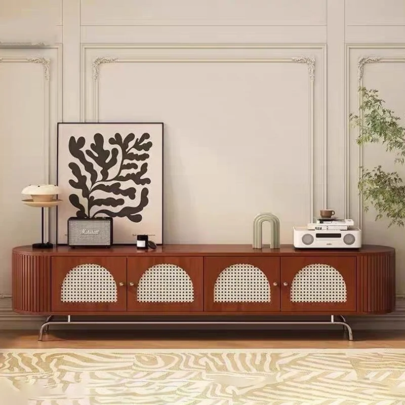 Traditional Chinese Pine Wood Rattan Stainless Steel Long Oval Arched TV Stand 4 Storage For Living Room