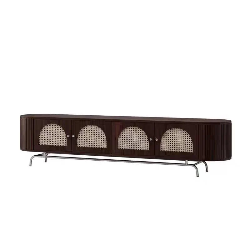 Traditional Chinese Pine Wood Rattan Stainless Steel Long Oval Arched TV Stand 4 Storage For Living Room