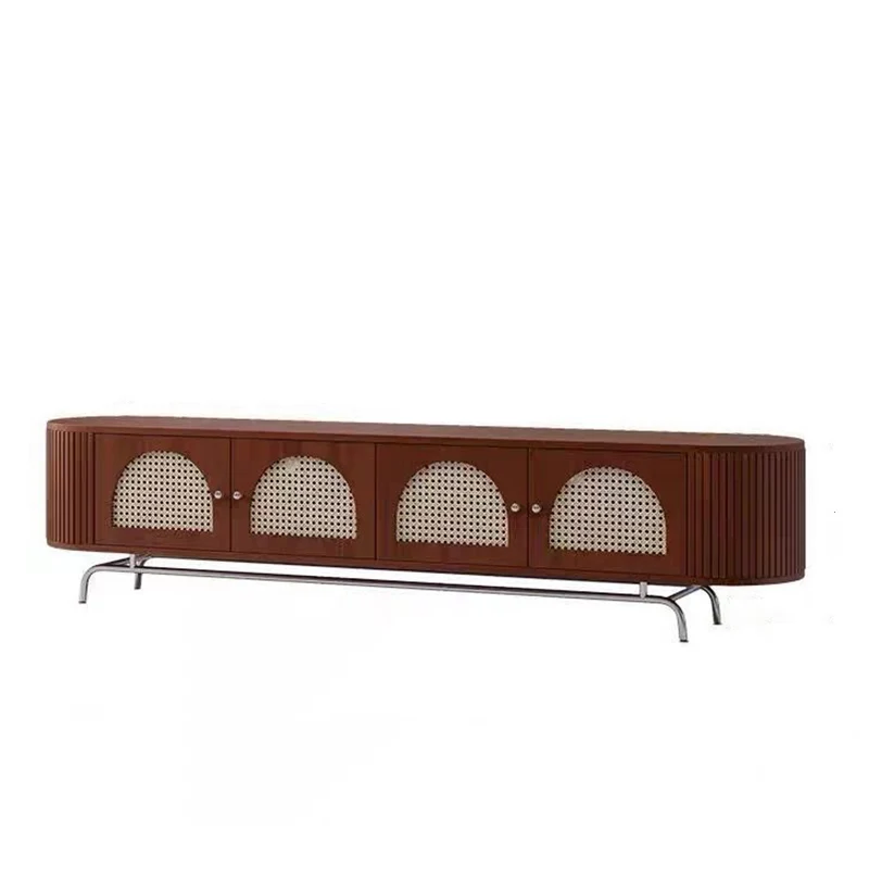 Traditional Chinese Pine Wood Rattan Stainless Steel Long Oval Arched TV Stand 4 Storage For Living Room