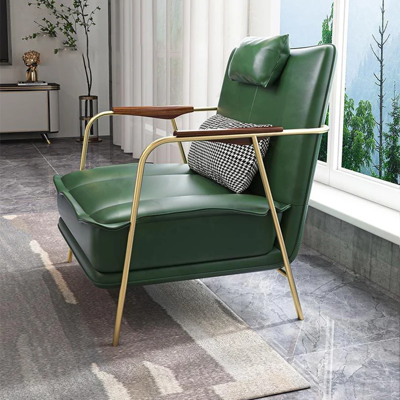 Contemporary Nordic Square Rectangular PU Leather Iron Eucalyptus Wood Accent Chair Backrest Armrest For Living Room