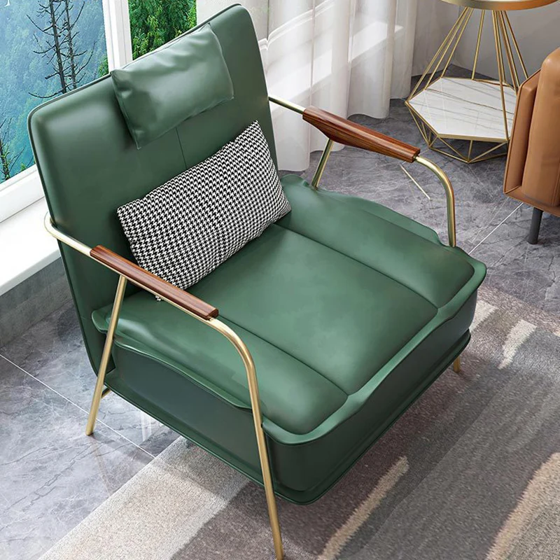Contemporary Nordic Square Rectangular PU Leather Iron Eucalyptus Wood Accent Chair Backrest Armrest For Living Room