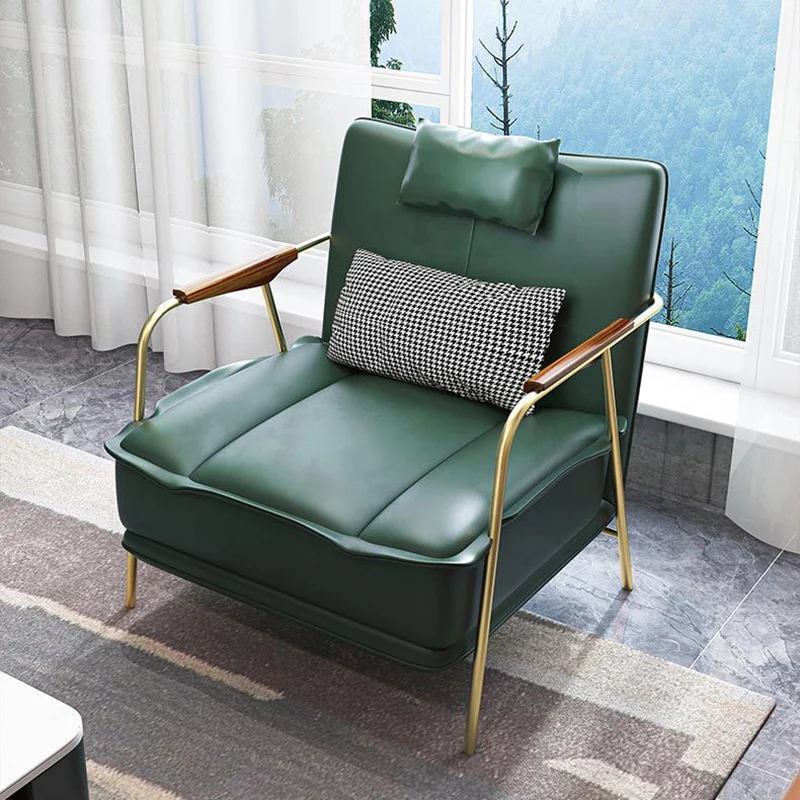 Contemporary Nordic Square Rectangular PU Leather Iron Eucalyptus Wood Accent Chair Backrest Armrest For Living Room