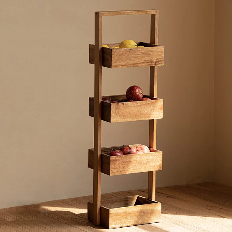 Contemporary Nordic Rectangular Ladder Acacia Wood Storage Shelf 4-Tier For Living Room