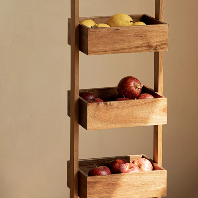 Contemporary Nordic Rectangular Ladder Acacia Wood Storage Shelf 4-Tier For Living Room