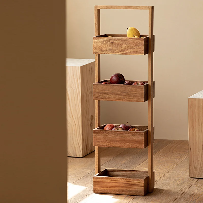 Contemporary Nordic Rectangular Ladder Acacia Wood Storage Shelf 4-Tier For Living Room