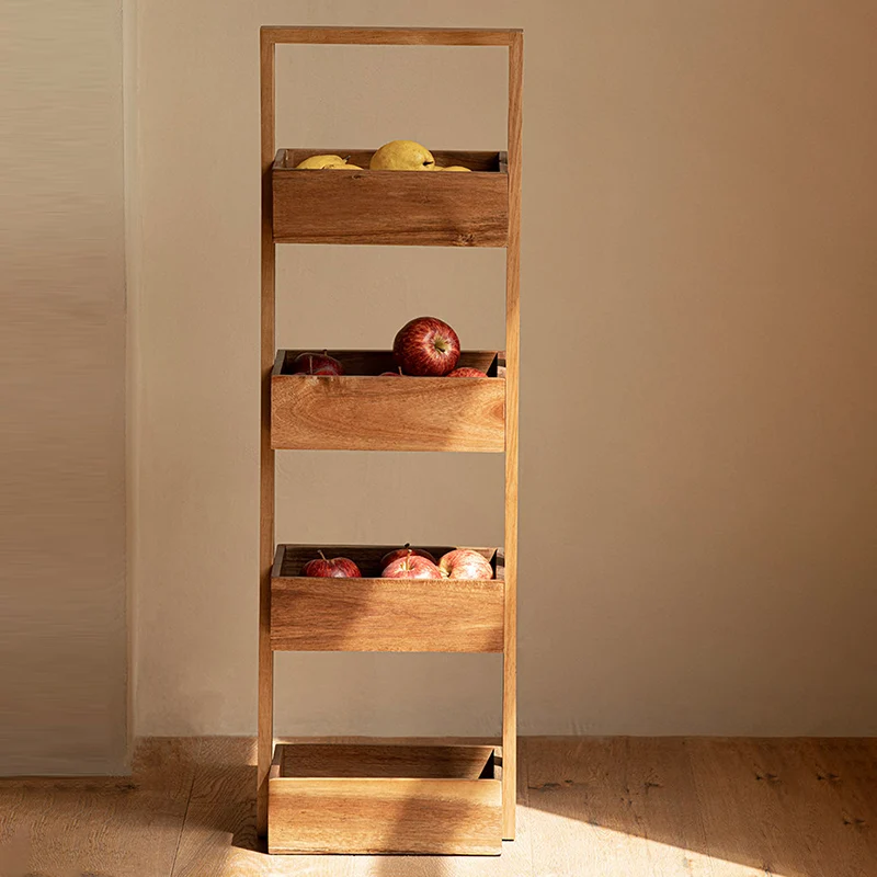 Contemporary Nordic Rectangular Ladder Acacia Wood Storage Shelf 4-Tier For Living Room