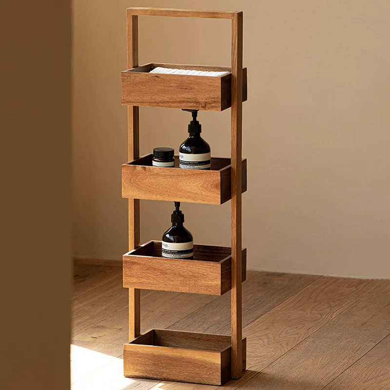 Contemporary Nordic Rectangular Ladder Acacia Wood Storage Shelf 4-Tier For Living Room