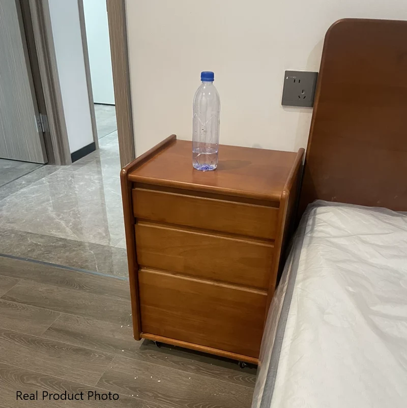 Contemporary Nordic Rectangular Rubberwood Plywood Movable Nightstand 3-Drawer For Bedroom