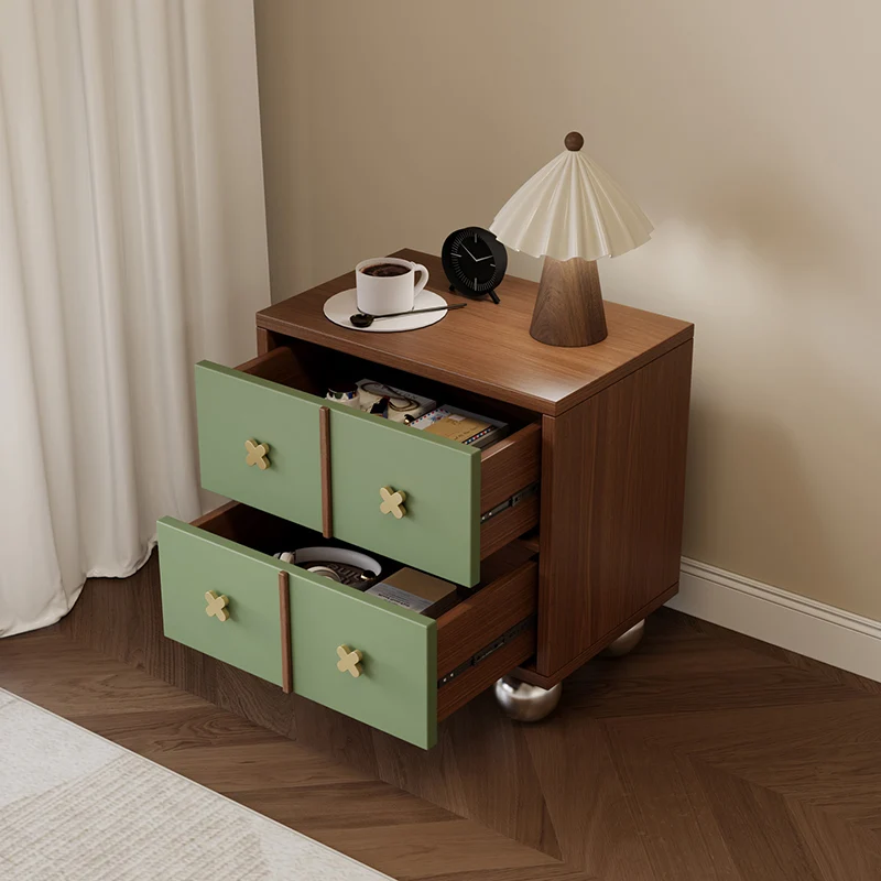 Contemporary Nordic Rectangular Spherical Malacca Lacquer-Free Board Iron Aluminum Alloy Nightstand 4-Drawer For Bedroom