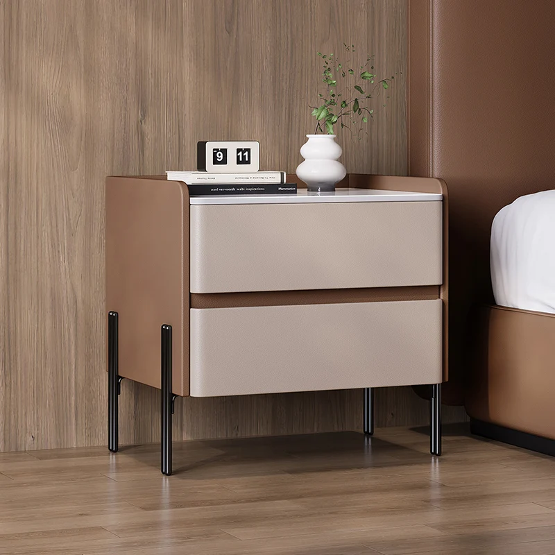Modern Minimalist Rectangular High-Leg Design Stone Slab Pine Solid Wood Cat-Scratch Leather Carbon Steel Nightstand 2-Drawer For Bedroom