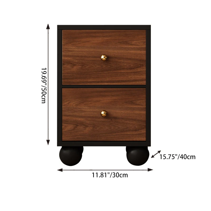 Traditional Vintage Rectangular Round Paulownia Wood Pine Board Iron Nightstand 2-Drawer For Bedroom