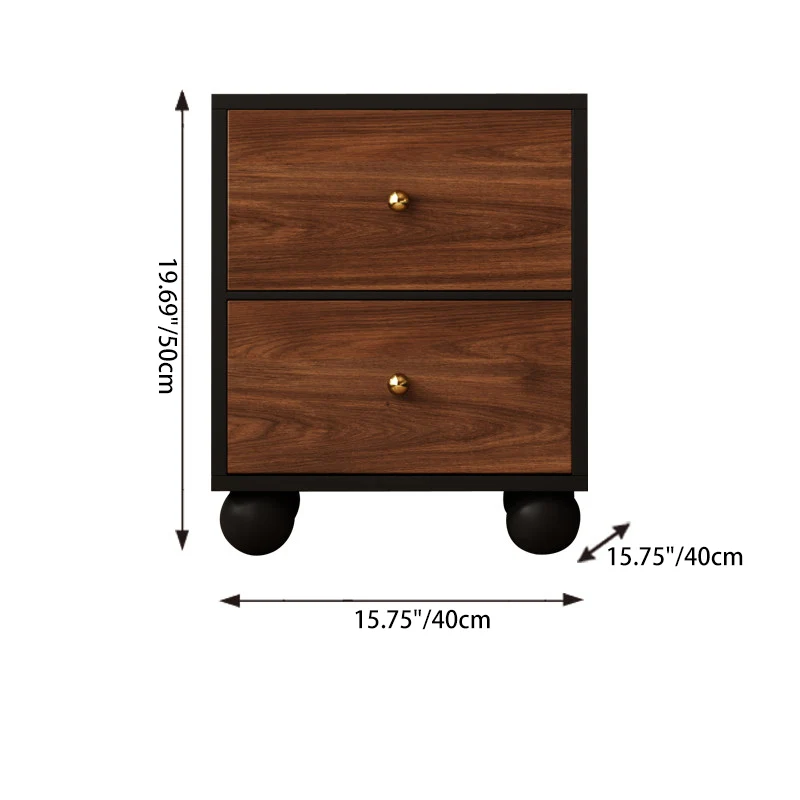 Traditional Vintage Rectangular Round Paulownia Wood Pine Board Iron Nightstand 2-Drawer For Bedroom