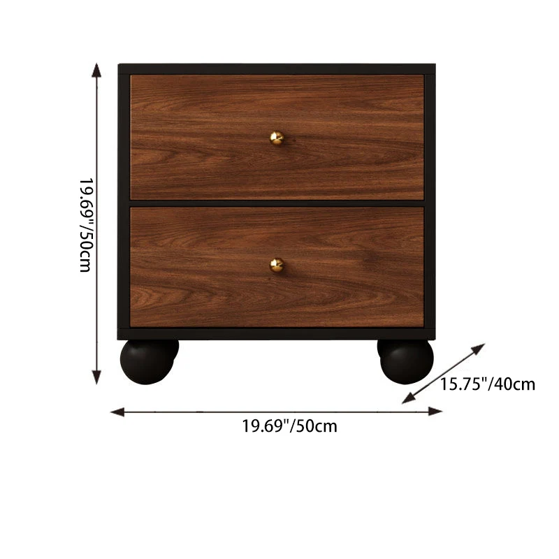 Traditional Vintage Rectangular Round Paulownia Wood Pine Board Iron Nightstand 2-Drawer For Bedroom