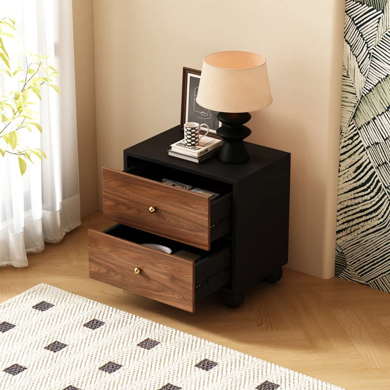 Traditional Vintage Rectangular Round Paulownia Wood Pine Board Iron Nightstand 2-Drawer For Bedroom