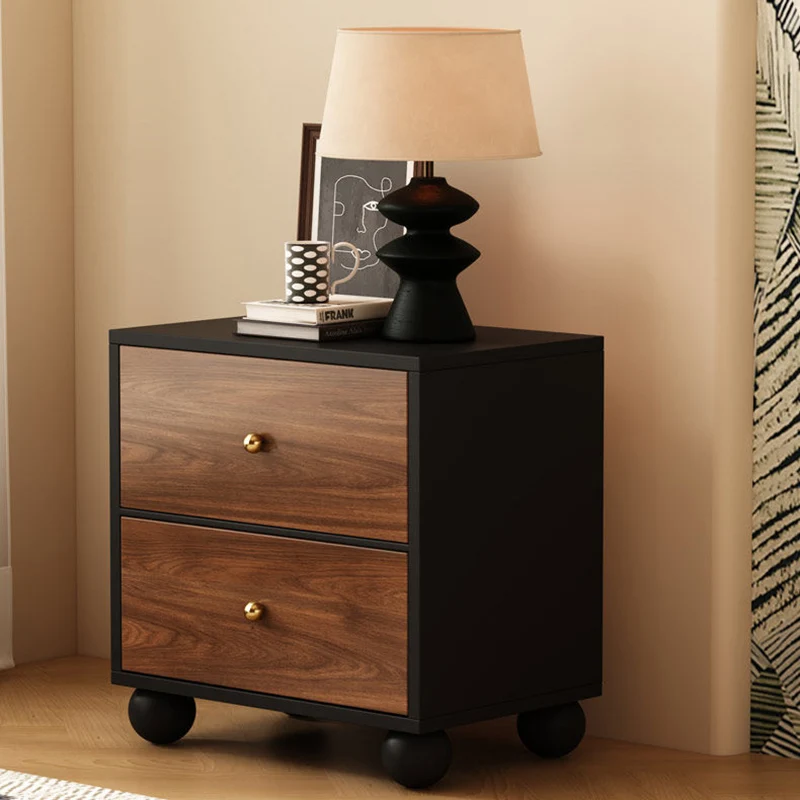 Traditional Vintage Rectangular Round Paulownia Wood Pine Board Iron Nightstand 2-Drawer For Bedroom