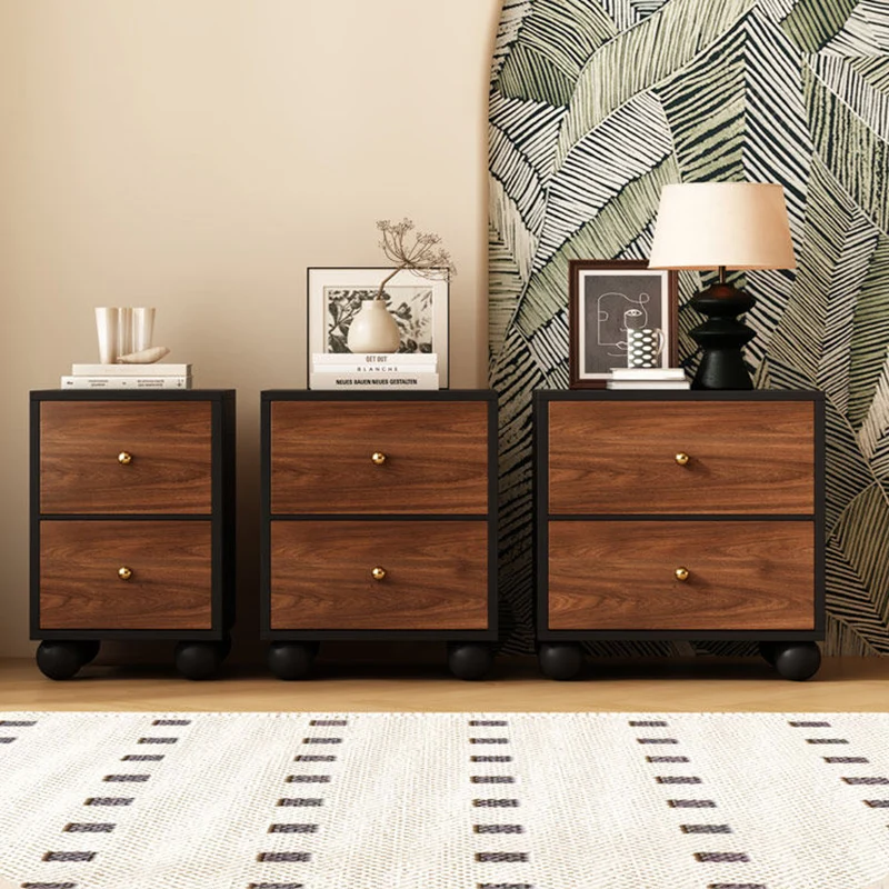 Traditional Vintage Rectangular Round Paulownia Wood Pine Board Iron Nightstand 2-Drawer For Bedroom