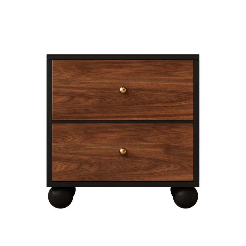 Traditional Vintage Rectangular Round Paulownia Wood Pine Board Iron Nightstand 2-Drawer For Bedroom