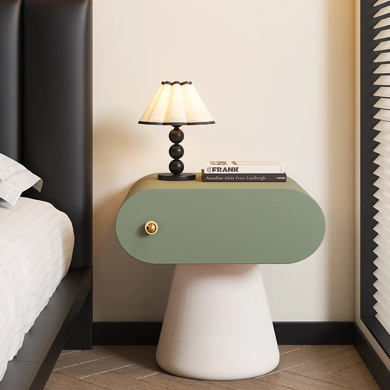 Contemporary Creative Mushroom-Shaped Pine Wood Microfiber Leather Nightstand 1 Drawer For Bedroom