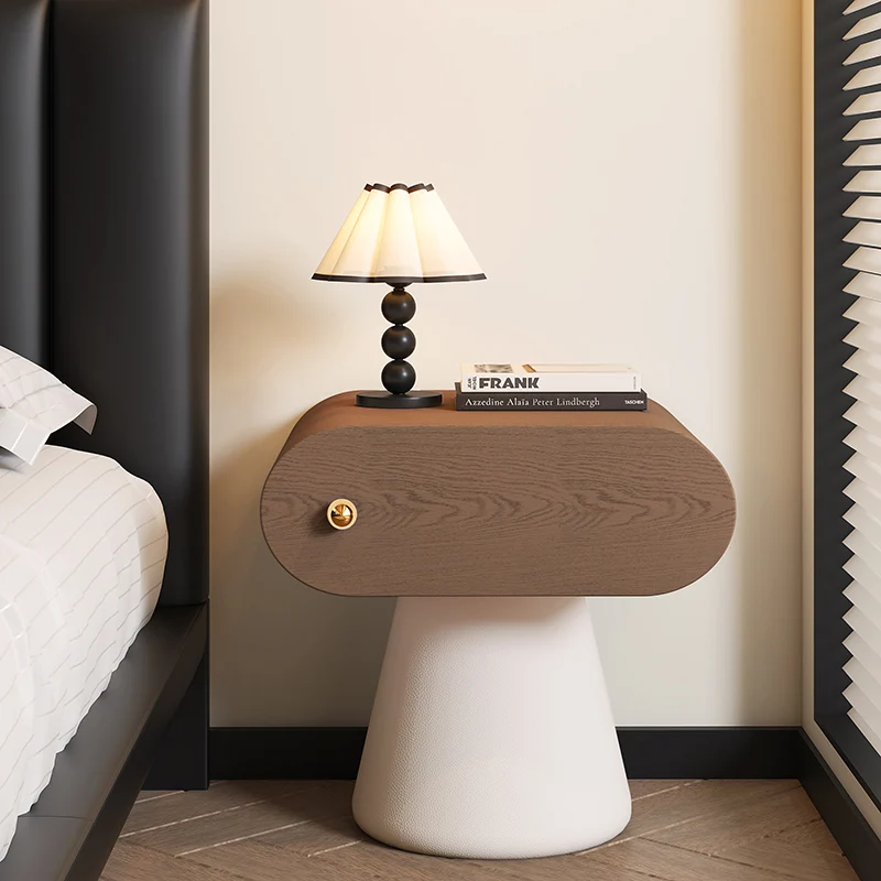 Contemporary Creative Mushroom-Shaped Pine Wood Microfiber Leather Nightstand 1 Drawer For Bedroom