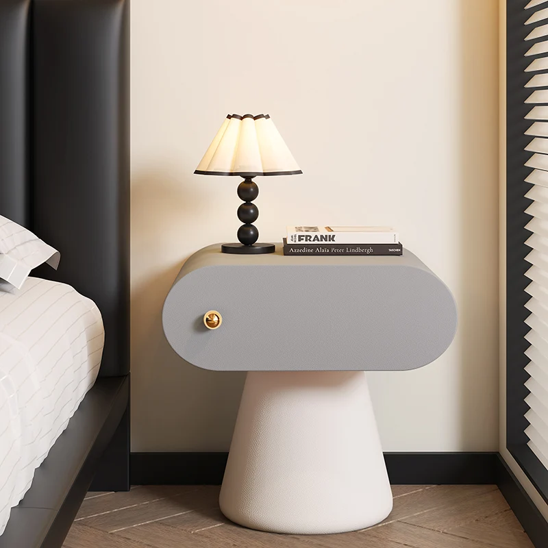 Contemporary Creative Mushroom-Shaped Pine Wood Microfiber Leather Nightstand 1 Drawer For Bedroom