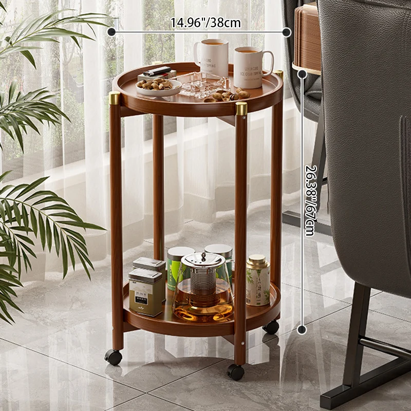 Traditional Chinese Cylindrical Bamboo Medium Density Fiberboard Movable Side Table 2-Tier For Living Room