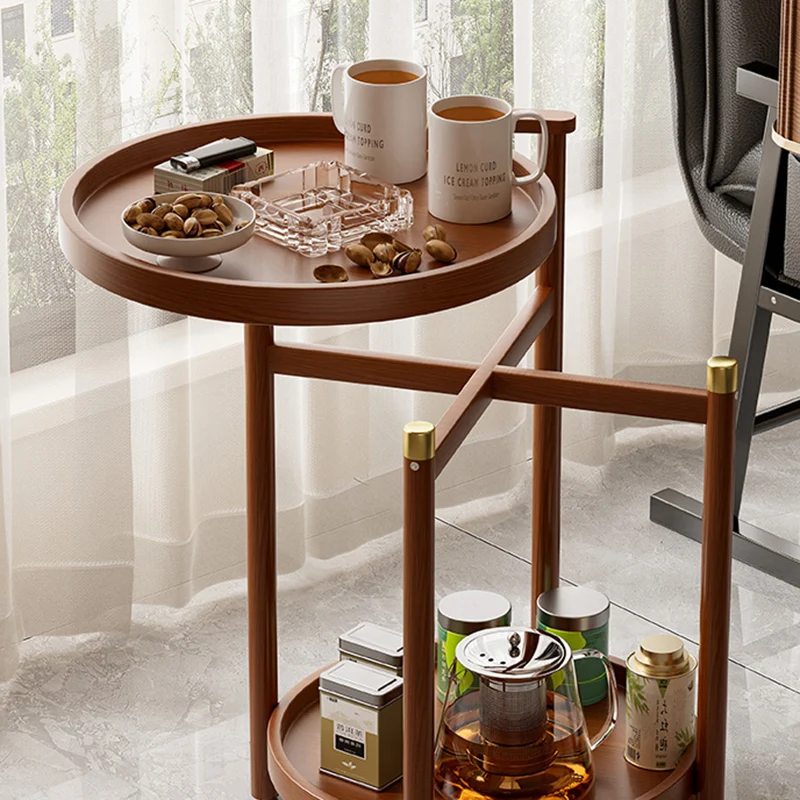 Traditional Chinese Cylindrical Bamboo Medium Density Fiberboard Movable Side Table 2-Tier For Living Room