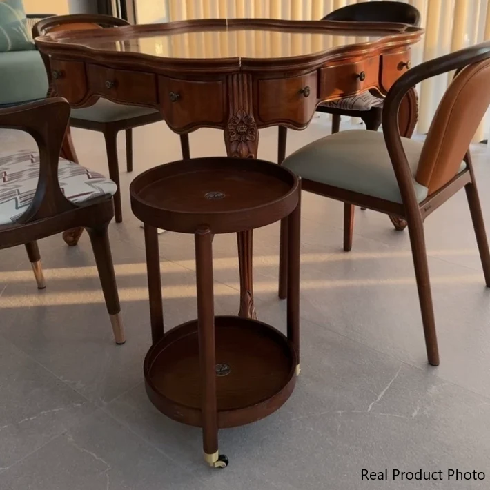 Traditional Chinese Cylindrical Bamboo Medium Density Fiberboard Movable Side Table 2-Tier For Living Room