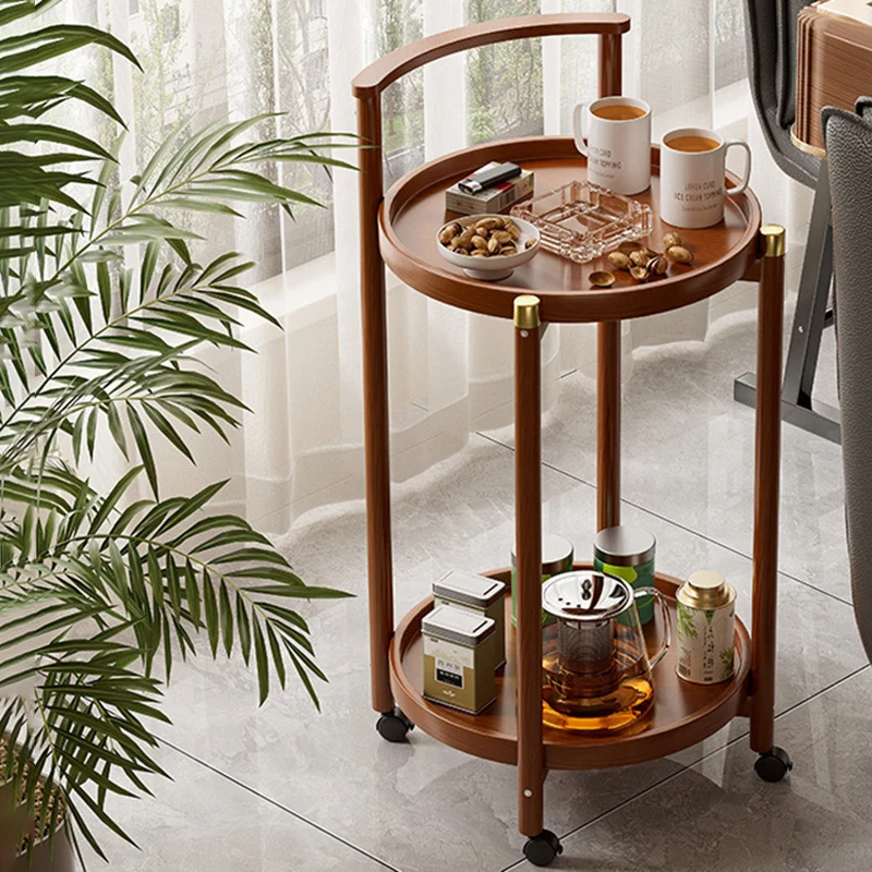 Traditional Chinese Cylindrical Bamboo Medium Density Fiberboard Movable Side Table 2-Tier For Living Room