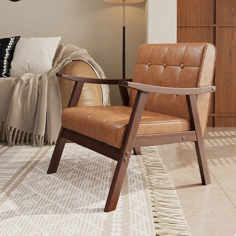 Traditional Vintage Rectangular Faux Oil-Waxed Leather Solid Wood Accent Chair Backrest Armrest For Living Room
