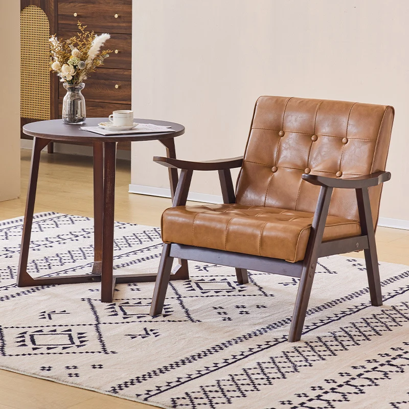 Traditional Vintage Rectangular Faux Oil-Waxed Leather Solid Wood Accent Chair Backrest Armrest For Living Room