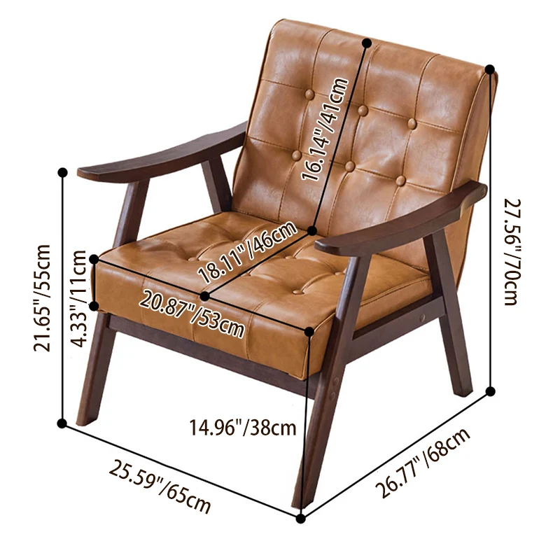 Traditional Vintage Rectangular Faux Oil-Waxed Leather Solid Wood Accent Chair Backrest Armrest For Living Room