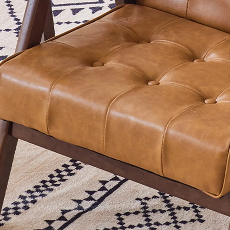 Traditional Vintage Rectangular Faux Oil-Waxed Leather Solid Wood Accent Chair Backrest Armrest For Living Room