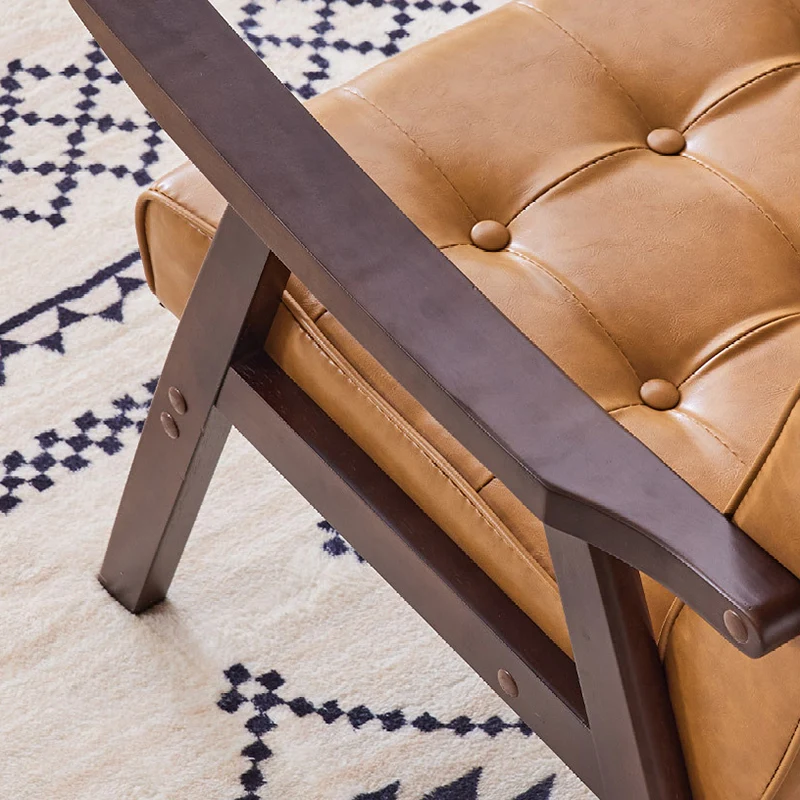 Traditional Vintage Rectangular Faux Oil-Waxed Leather Solid Wood Accent Chair Backrest Armrest For Living Room