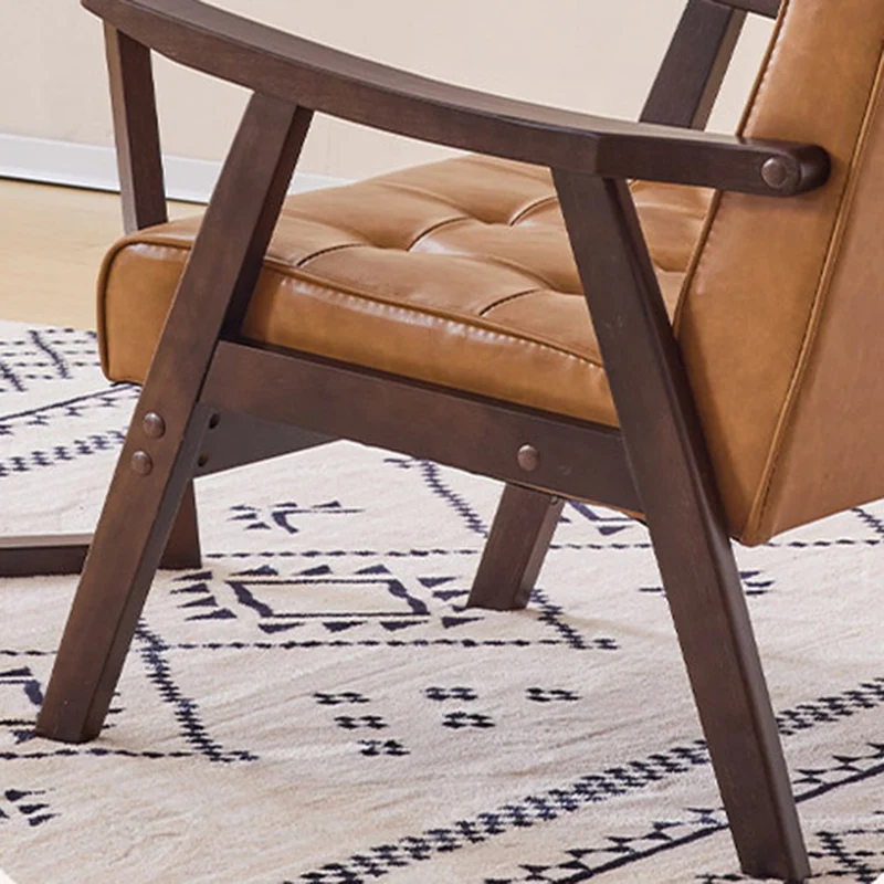 Traditional Vintage Rectangular Faux Oil-Waxed Leather Solid Wood Accent Chair Backrest Armrest For Living Room