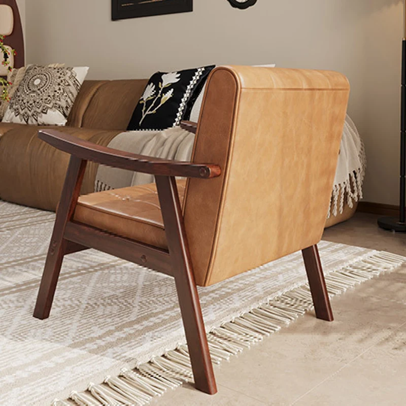 Traditional Vintage Rectangular Faux Oil-Waxed Leather Solid Wood Accent Chair Backrest Armrest For Living Room