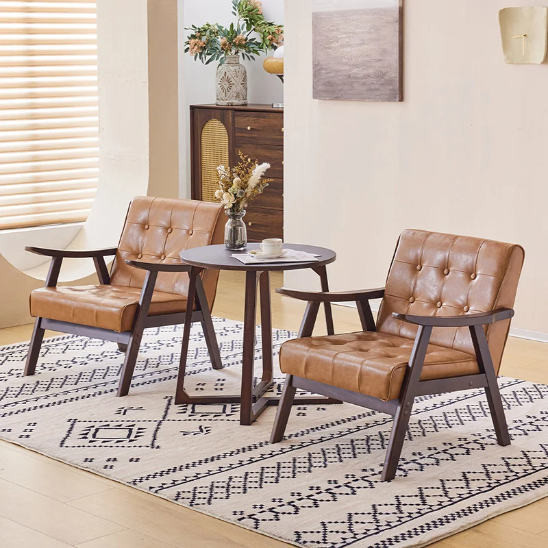 Traditional Vintage Rectangular Faux Oil-Waxed Leather Solid Wood Accent Chair Backrest Armrest For Living Room