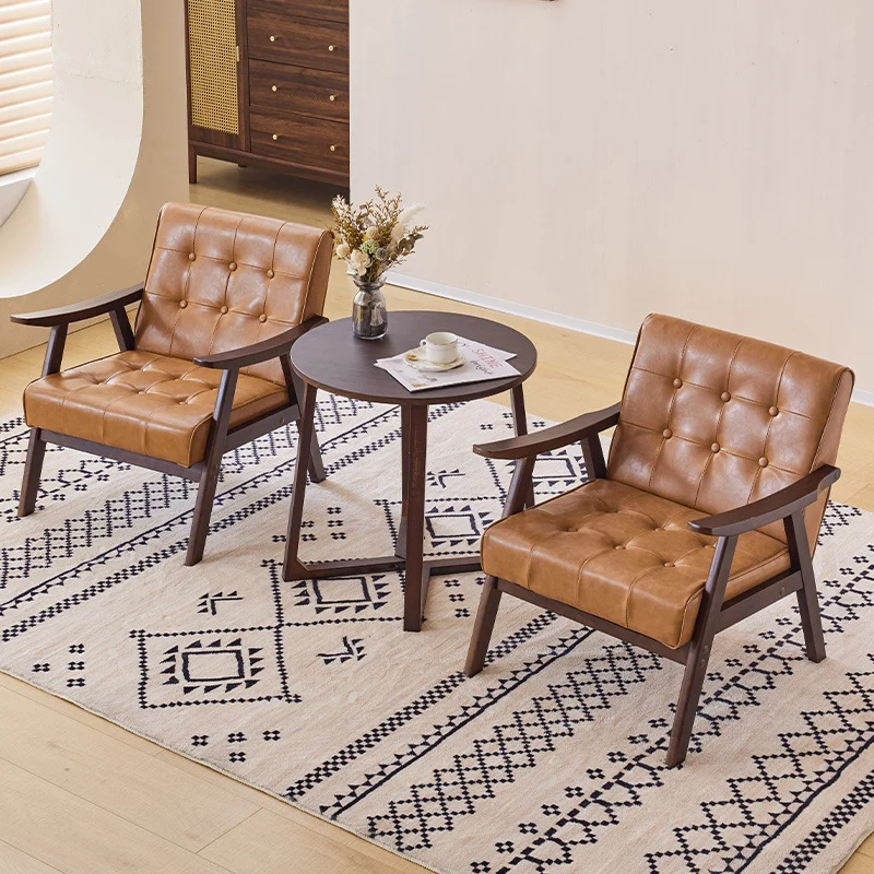 Traditional Vintage Rectangular Faux Oil-Waxed Leather Solid Wood Accent Chair Backrest Armrest For Living Room