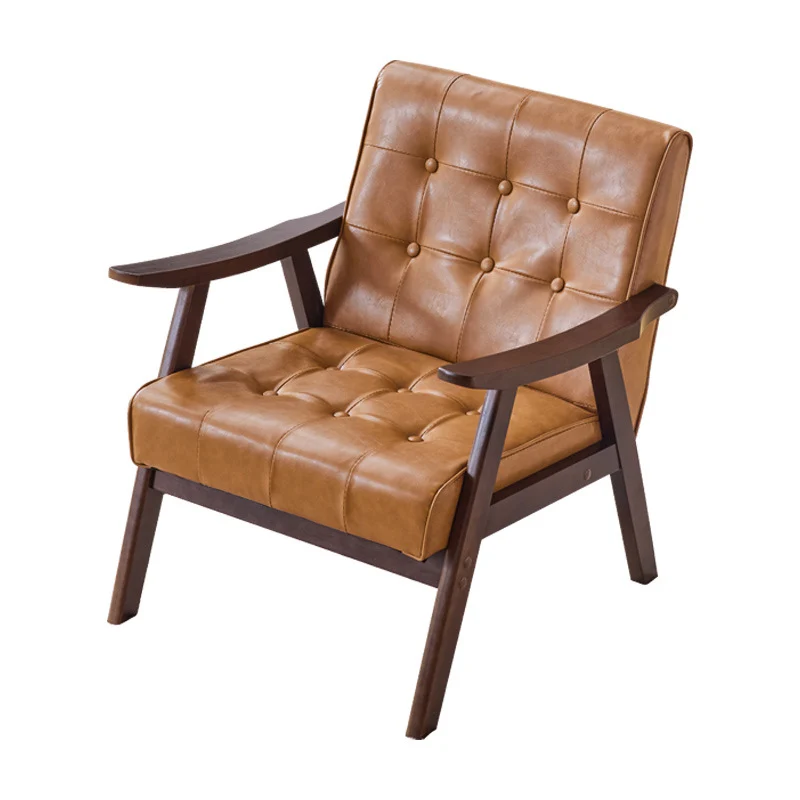Traditional Vintage Rectangular Faux Oil-Waxed Leather Solid Wood Accent Chair Backrest Armrest For Living Room
