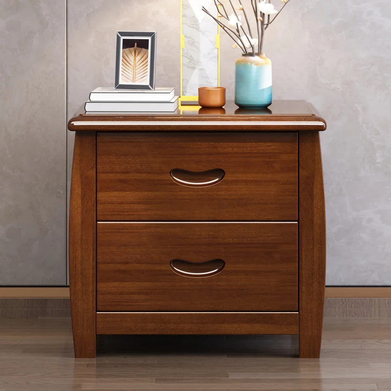 Traditional Chinese Rectangular Solid Walnut Medium Density Fiberboard Nightstand 2-Drawer For Bedroom