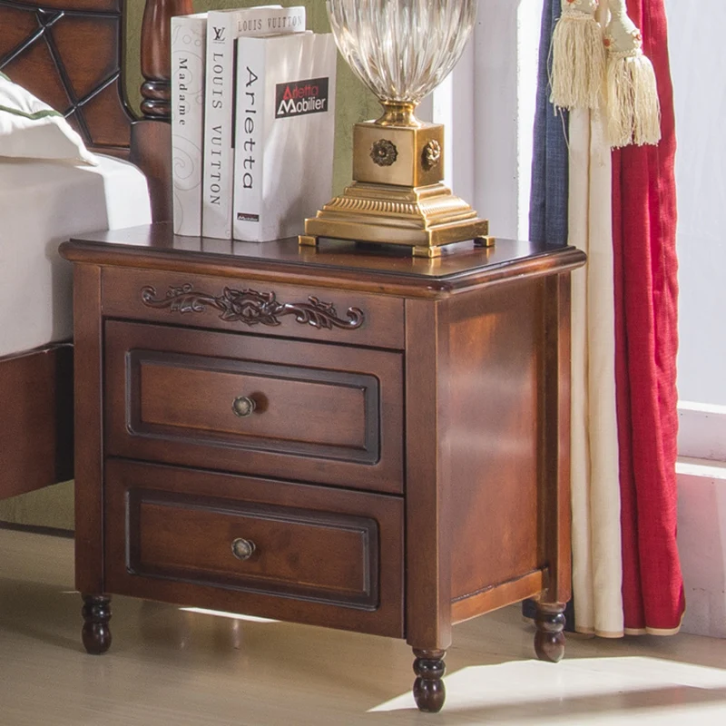 Traditional Vintage Rectangular Rubberwood Multi-Layer Plywood Aluminum Alloy Nightstand 2-Drawer For Bedroom