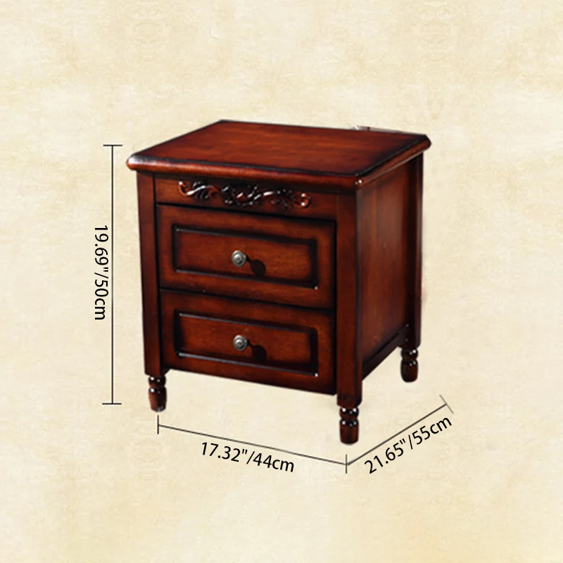 Traditional Vintage Rectangular Rubberwood Multi-Layer Plywood Aluminum Alloy Nightstand 2-Drawer For Bedroom